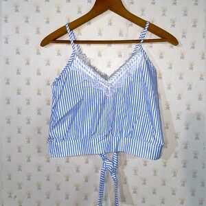 Blue and White Striped Lace Accent Crop Top
